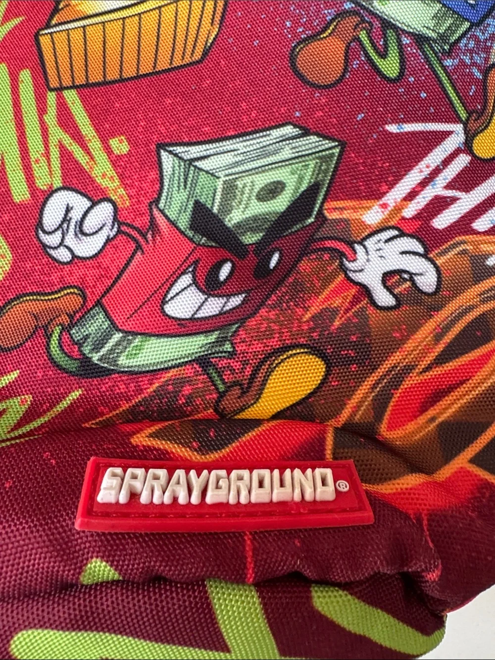 Sprayground Red Kids Backpack with Multicolor Cartoon Graphics